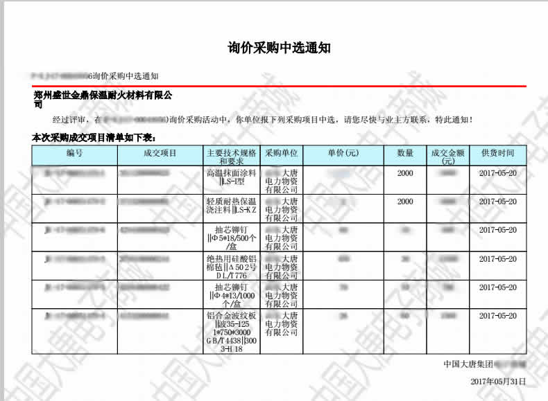 盛世金鼎中標大唐集團澆注料項目